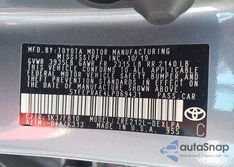 2020 Toyota Corolla Le z USA, uszkodzony, nr VIN 5YFEPRAE4LP069431